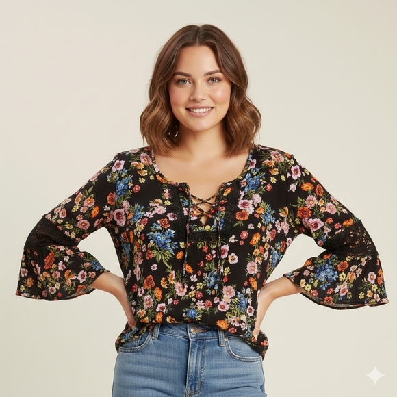 No Boundaries Tops - Floral Sz XL Black Lace Sleeve Tie Cottagecore Grommet Women Shirt Elastic Waist